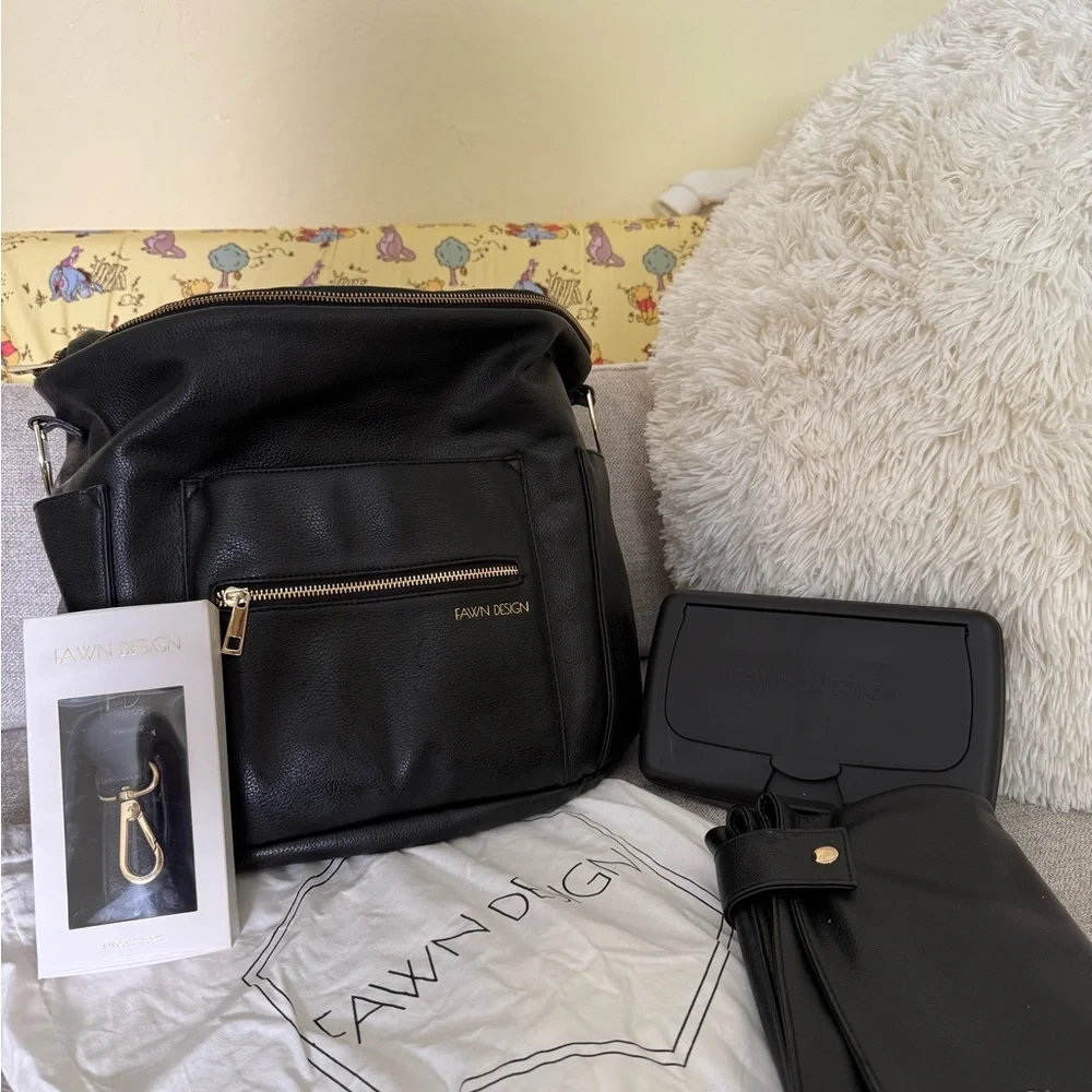 Fawn Design Black Leather Backpack with Gold Hardware